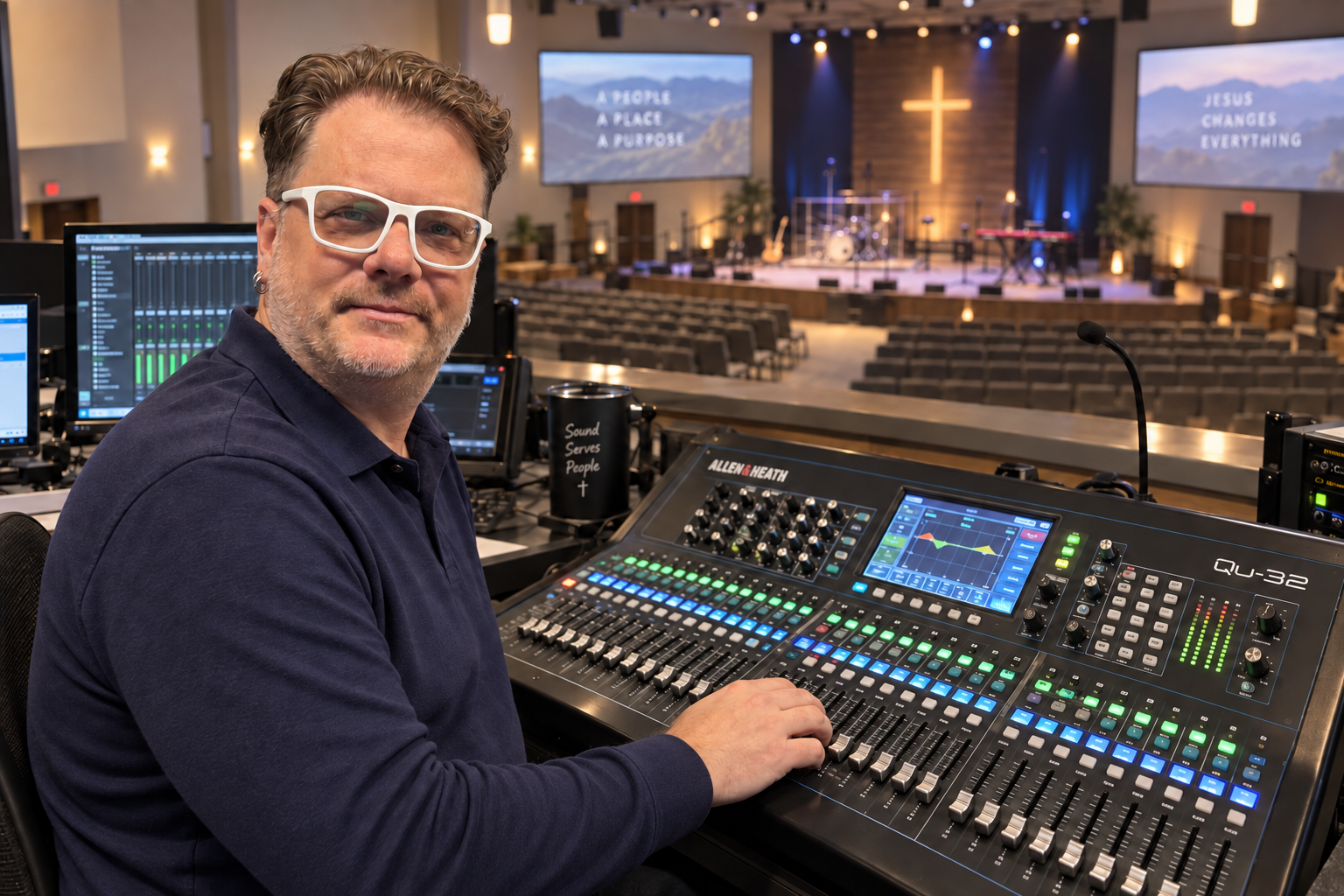 Matt at an audio mixing console in a church auditorium